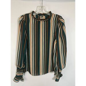 Haute Monde Women's Blouse Puff Long Sleeve Smocked Cuff Pinstripes Green Small
